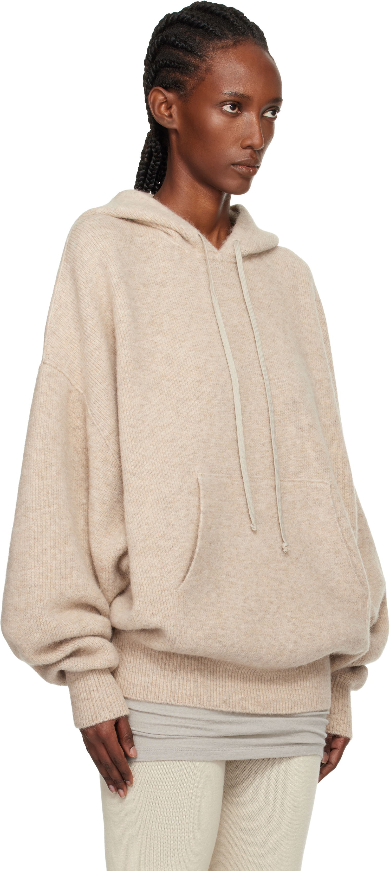 Pulover Rick Owens Concordians Hun Oversized Knitted Hoodie with Kangaroo Pocket Bež | RO02E4660 KWP, 1