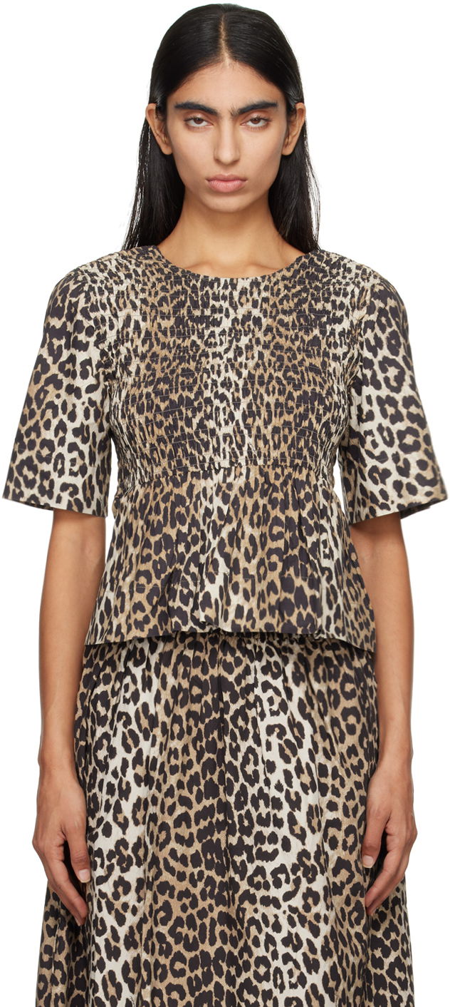 Majica GANNI GANNI Smocked Leopard Print Blouse Bež | W0205