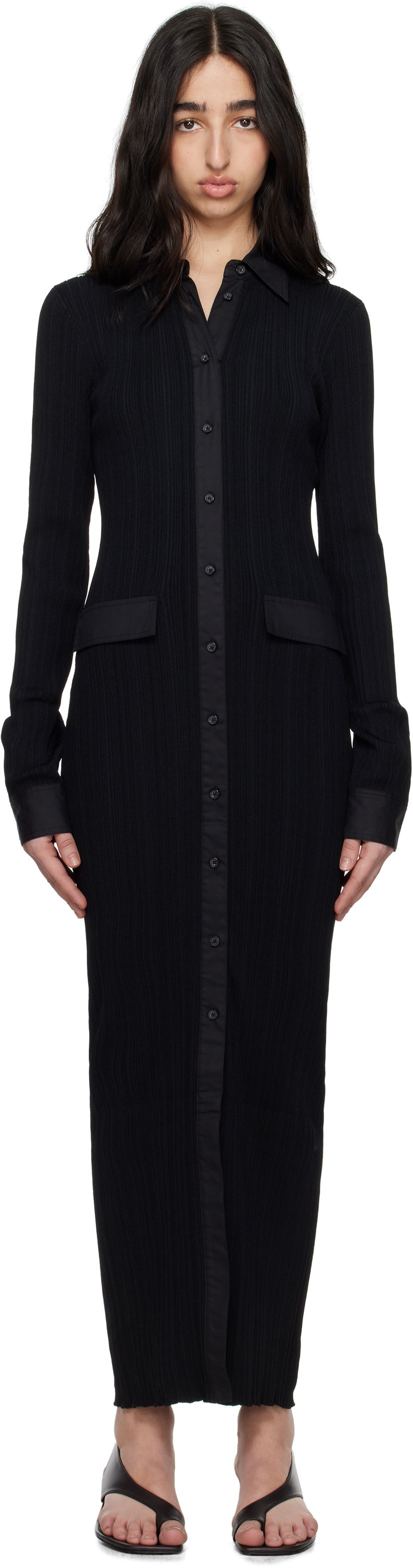 Obleke TOTEME TOTEME Knitted Shirt Maxi Dress Črna | 252-WRT0454-YA0044