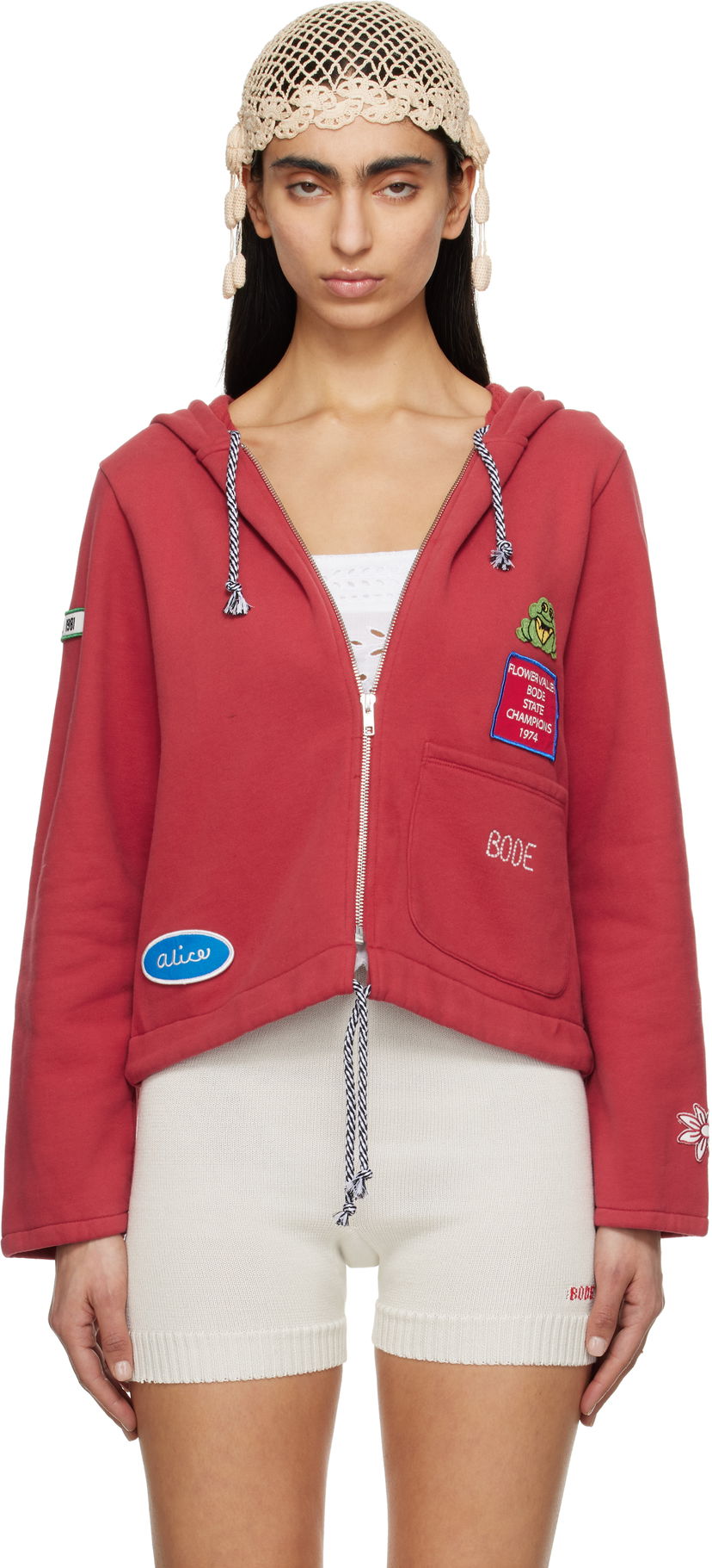 Pulover Bode Bode Camper Cropped Zip Hoodie Rdeča | WRS25CS028