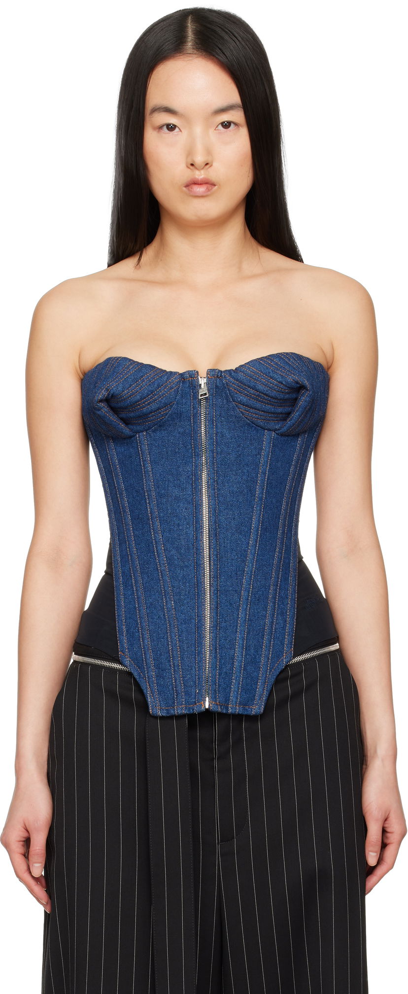 Bodi Jean Paul Gaultier Jean Paul Gaultier 'The Bi-Material' Denim Corset Top Modra | 25/33-F-ST022-D015-5500