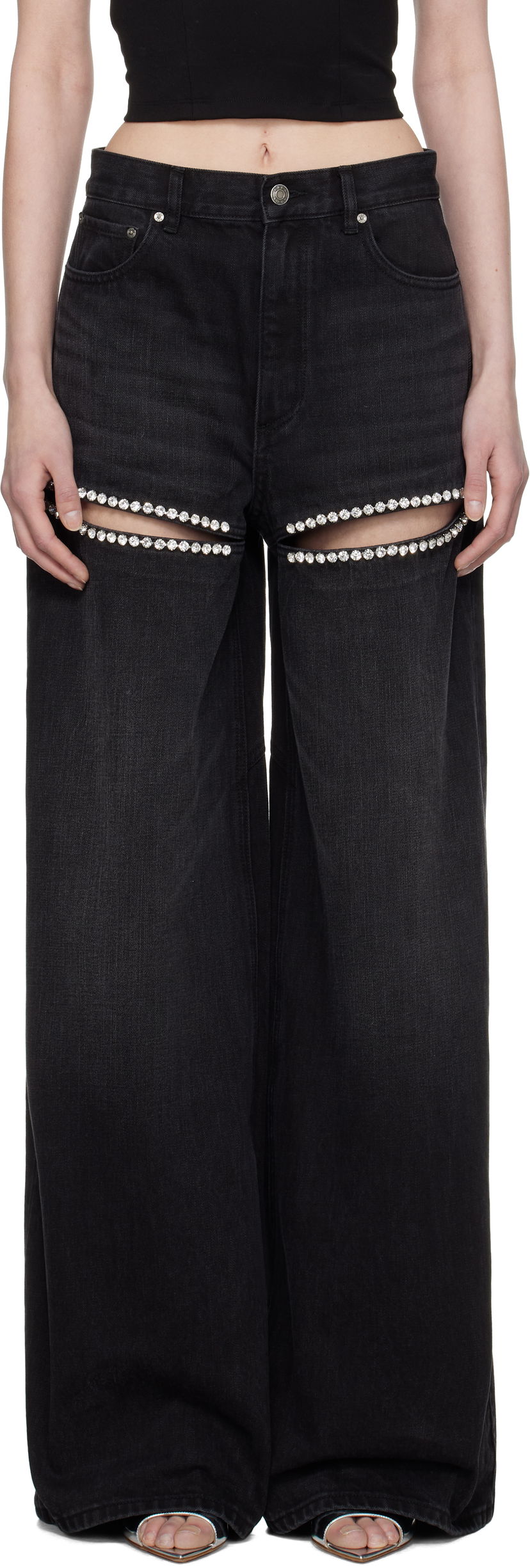 Kavbojke Area AREA Wide Leg Crystal Slit Jeans Črna | 0000P02333
