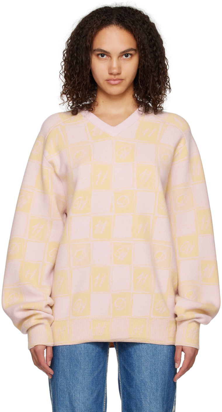 Pleteni pulover We11done We11done Checkerboard V-Neck Sweater Roza | WD-KT3-22-639-U-YE