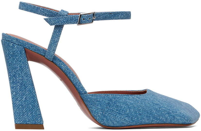 Superge in čevlji Amina Muaddi Suede Printed Denim Heels Modra | CHARLOTTE PUMP BLOCK PRINTED