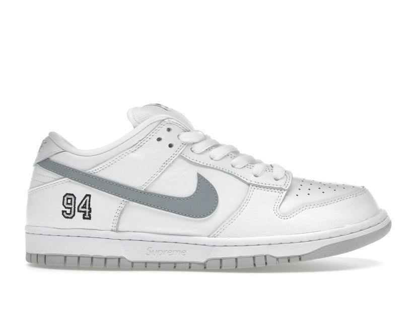 Superge in čevlji Nike SB Supreme x Dunk Low "White Metallic Silver" Bela | HQ8487-100
