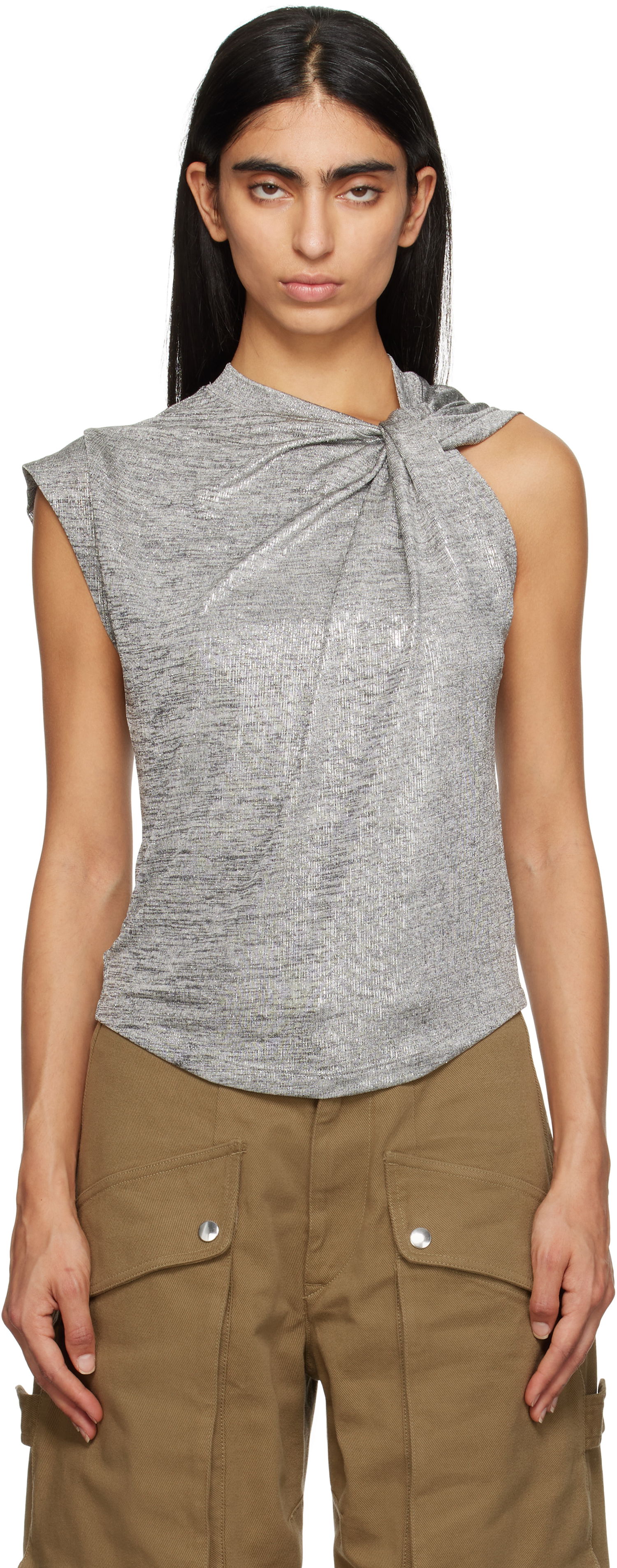 Majica brez rokavov Isabel Marant Étoile Isabel Marant Etoile Women's Metallic Knotted Top Siva | 24ATS0238FA-B3N09E, 0