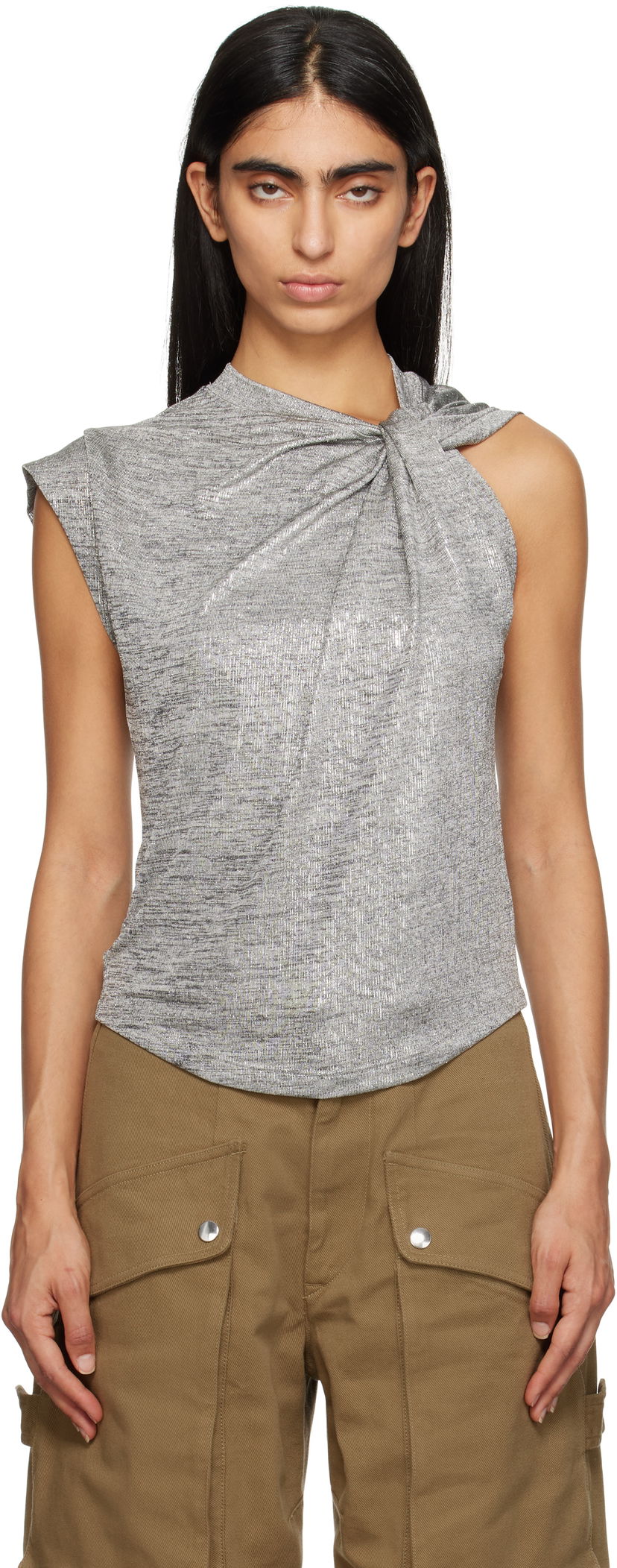 Majica brez rokavov Isabel Marant Étoile Isabel Marant Etoile Women's Metallic Knotted Top Siva | 24ATS0238FA-B3N09E