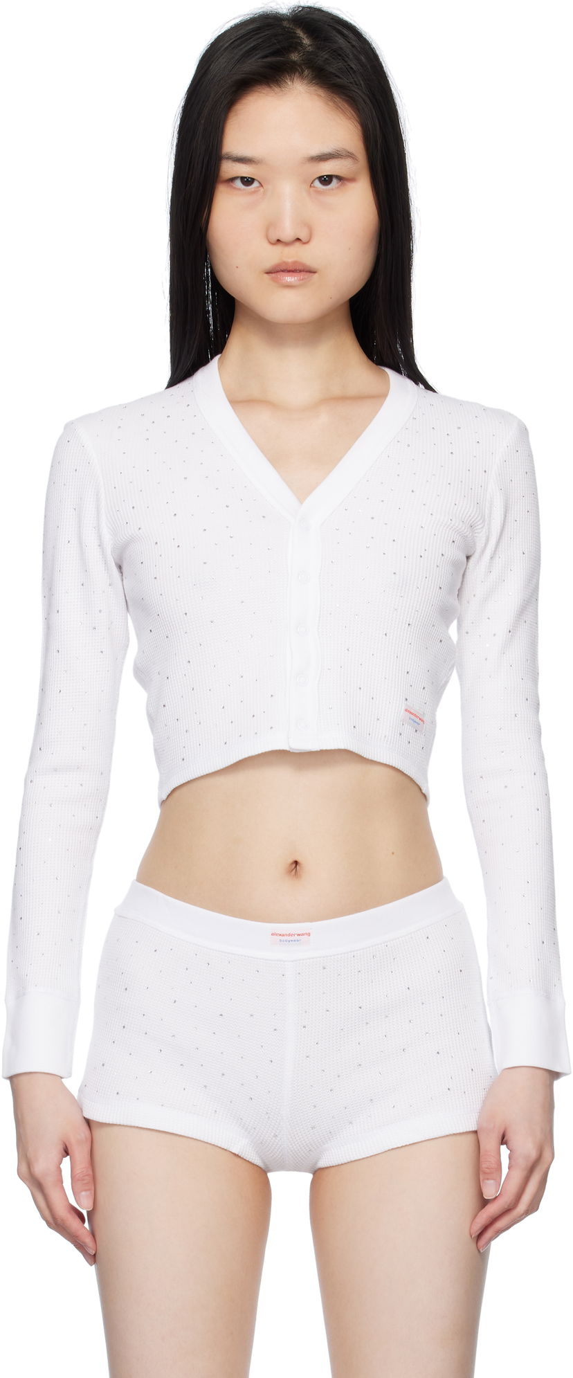 Pleteni pulover Alexander Wang White Crystal Hotfix Long-Sleeve Waffle Cardigan Bela | 8C4245810T