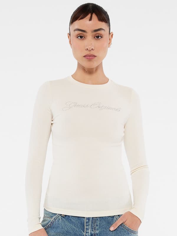 Majica GUESS Rhinestone Long Sleeve Top Bela | W5RP40KA0H1