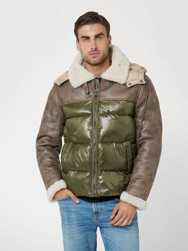 Puhovka GUESS Faux Leather and Nylon Puffer Jacket Zelena | M4BL37WGJL0
