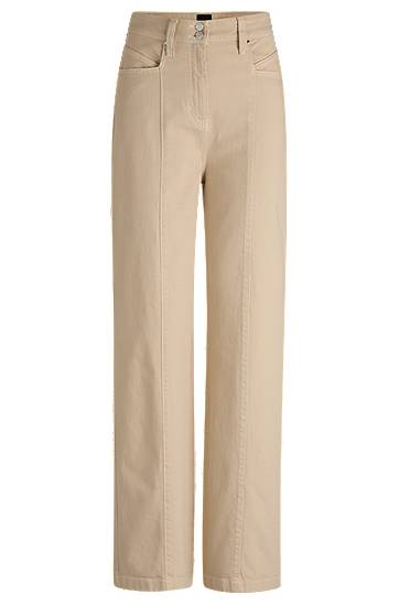 Hlače BOSS Wide-Leg Cotton-Blend Trousers with Stitching Bež | 50531036