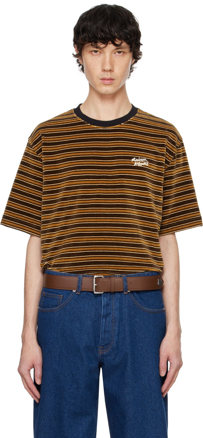 Majica MAISON KITSUNÉ Striped Velvet Oversize T-shirt Rjava | NM00109KA0021