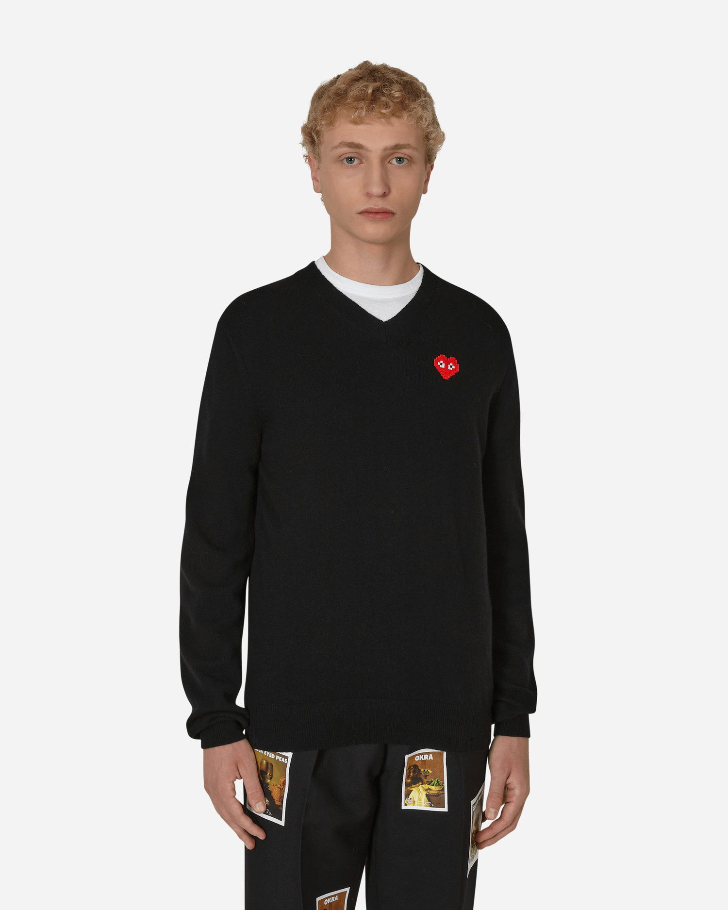 Pleteni pulover Comme des Garçons Invader Heart V-Neck Sweater Črna | P1N082 2, 0
