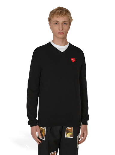 Pleteni pulover Comme des Garçons Invader Heart V-Neck Sweater Črna | P1N082 2