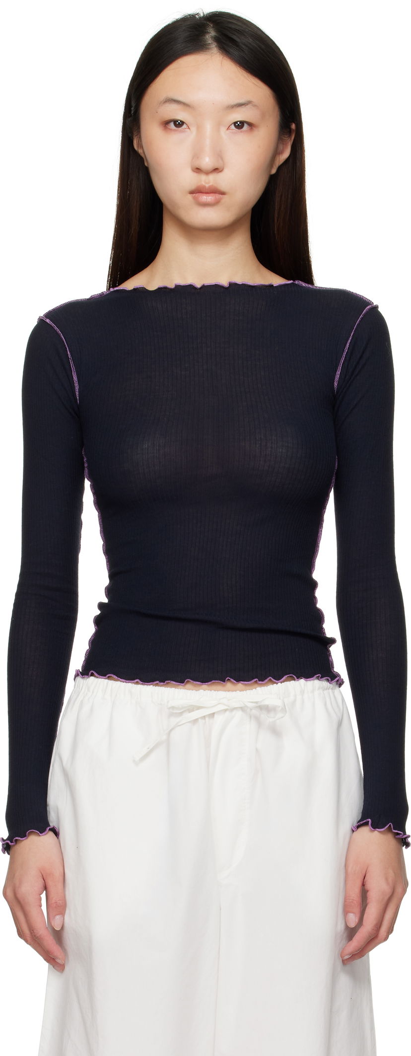 Majica Baserange Baserange Lettuce Edge Long Sleeve T-Shirt Črna | TTVL-CR-AU25