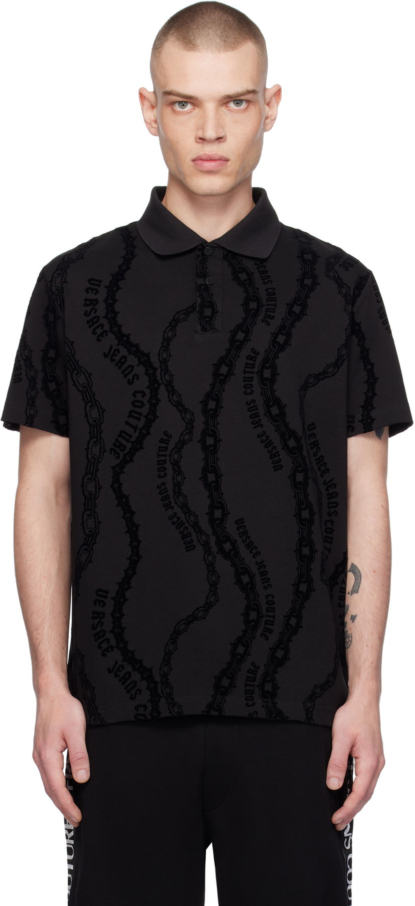 Polo majica Versace Chain Flock Polo Shirt Črna | E77GAG6R0_EJS415