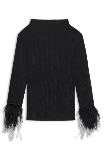 Pleteni pulover BOSS Plissé Jacquard Top with Detachable Feather Cuff Trims Črna | 50548647