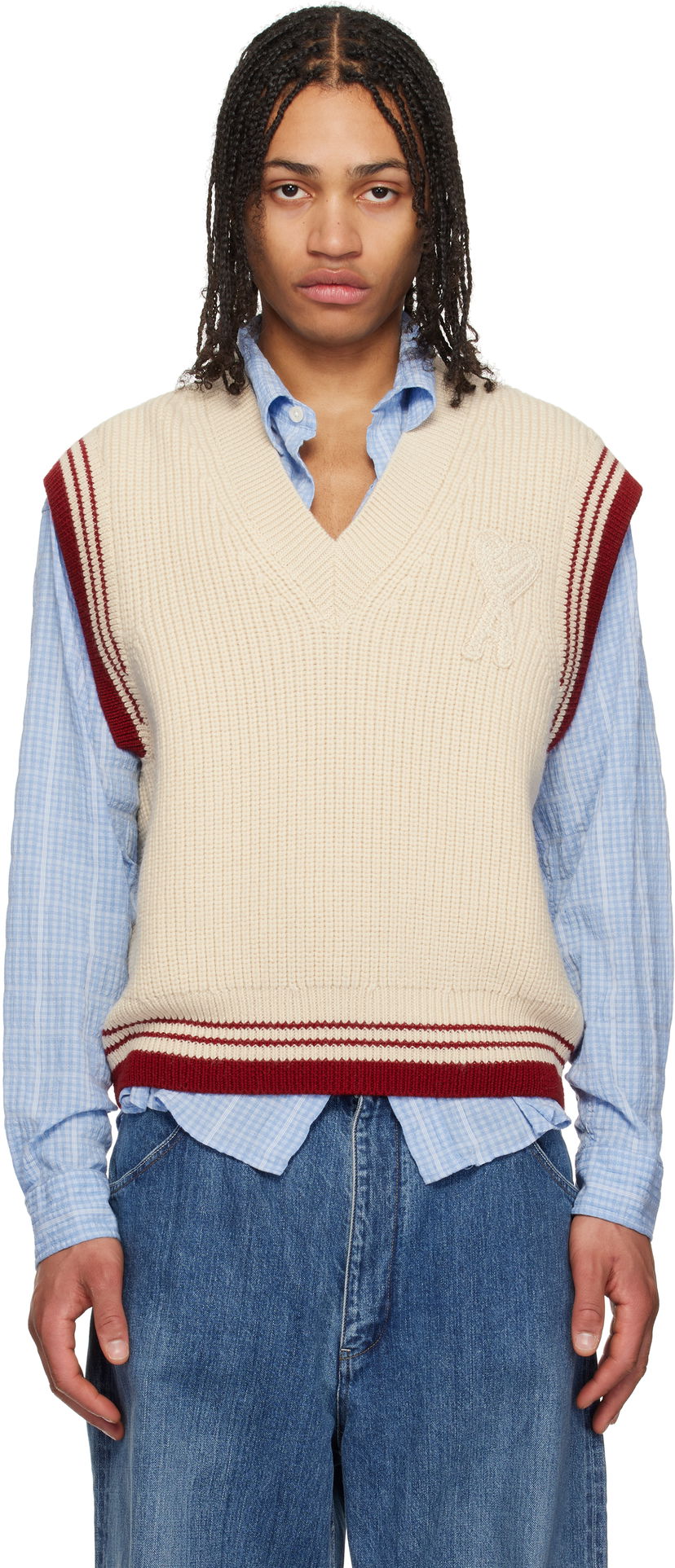 Pleteni pulover AMI AMI Paris Wool Ribbed V-Neck Vest Bež | UKS768.KN0068