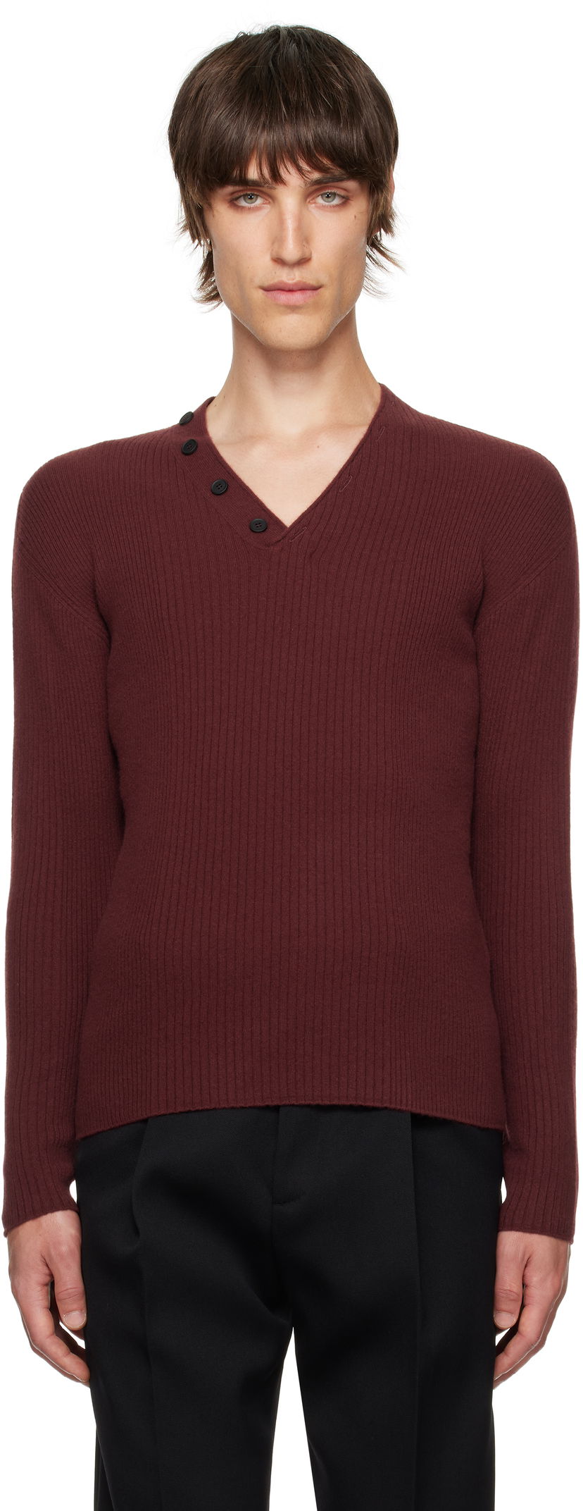 Pleteni pulover LANVIN Ribbed V-Neck Sweater Bordo | RM-PO0054-K048-H24