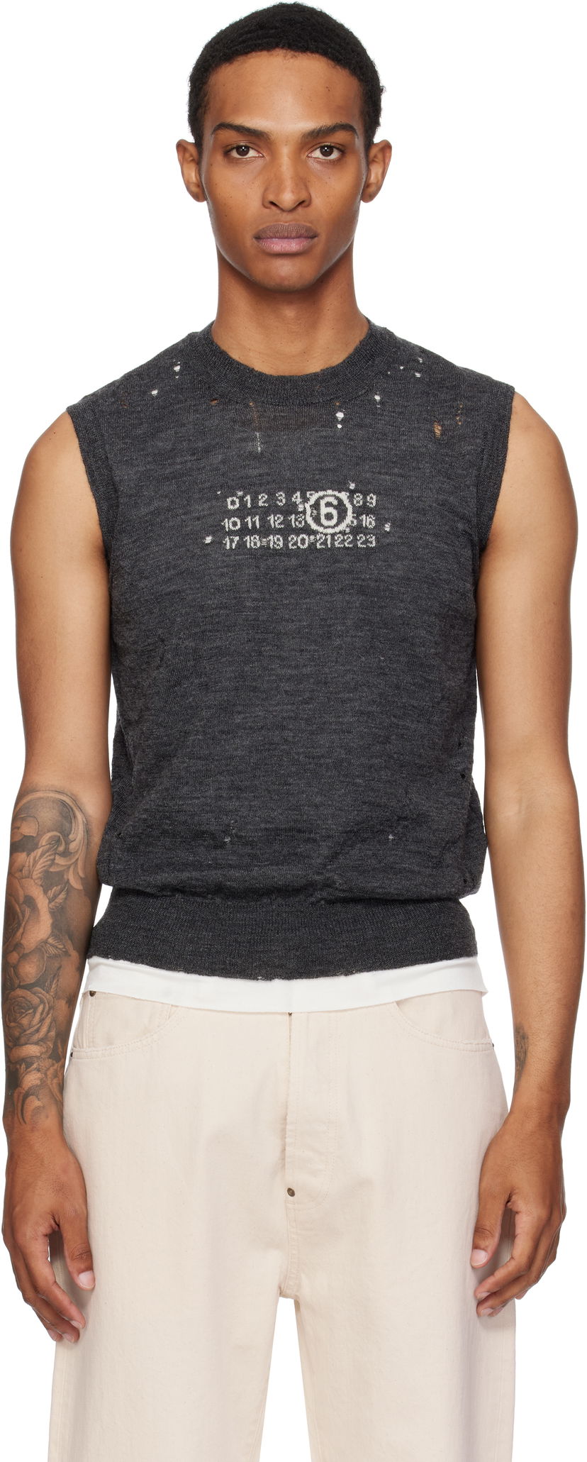 Pleteni pulover Maison Margiela MM6 Maison Margiela Wool Distressed Sweater Vest Siva | SH0FB0017 M13134
