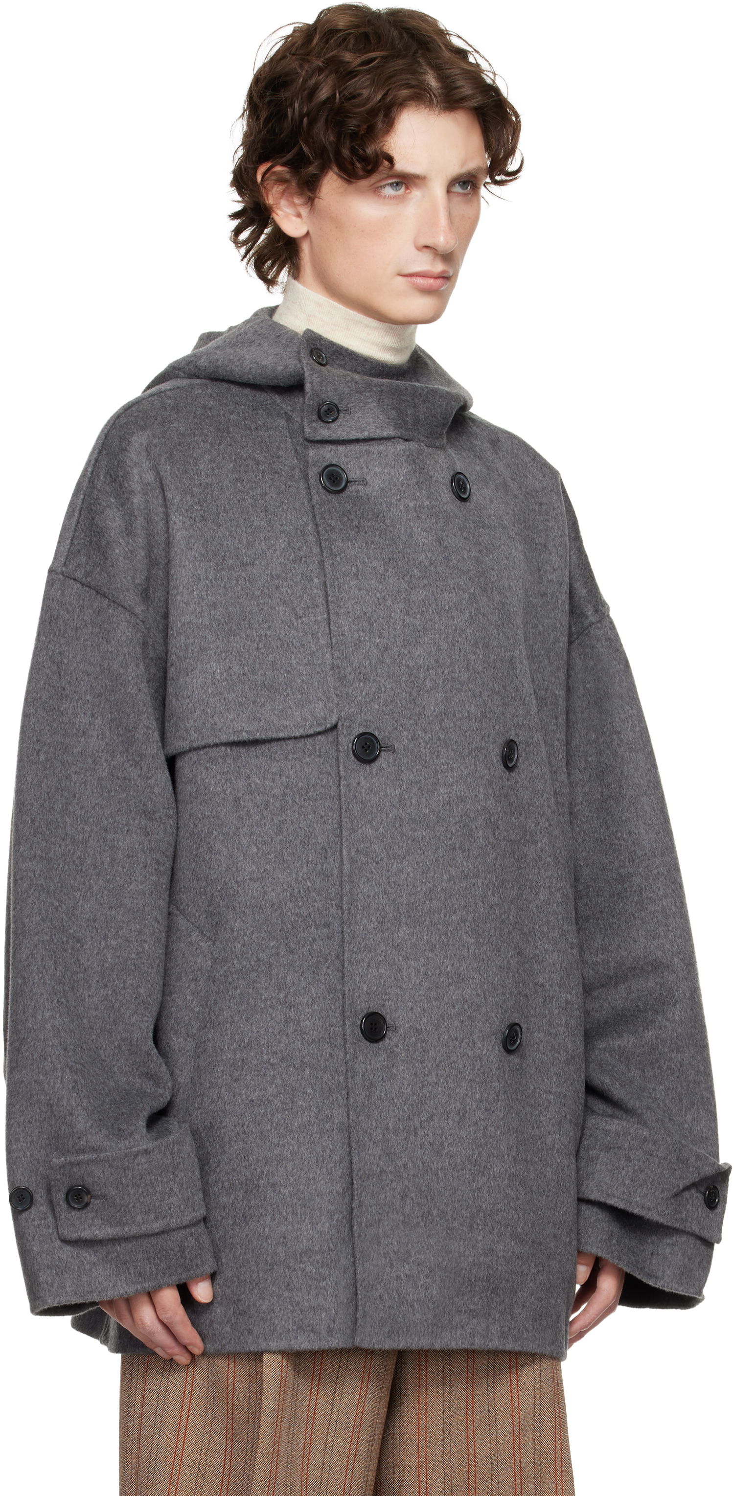 Plašči JW Anderson JW Anderson Oversized Hooded Double-Breasted Felted Peacoat Siva | CO0342-PG1559, 1