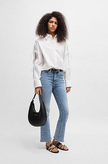 Srajce BOSS Oversized Cotton Blouse with Sleeve Bows Bela | 50538440, 1