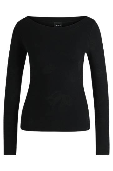 Majica BOSS BOSS Stretch Jacquard Wide-Neck Sweater Črna | 50521371