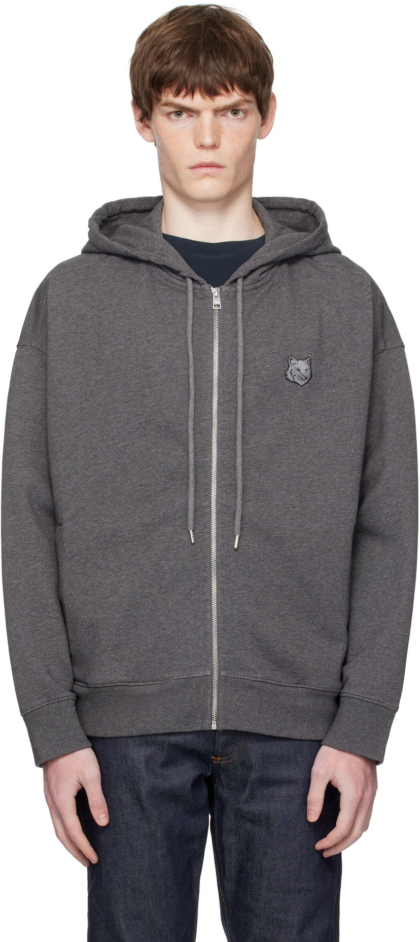 Pulover MAISON KITSUNÉ Kitsuné Fox Head Patch Oversize Fullzip Hoodie Siva | PM02138KM0340