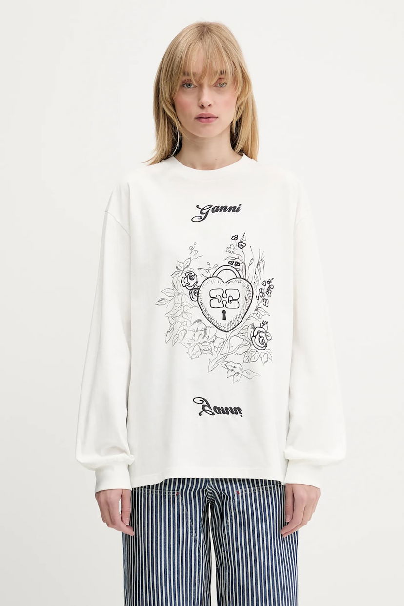 Pulover GANNI GANNI Re-cut Heavy Jersey Charm Long Sleeve T-Shirt Bela | T4139