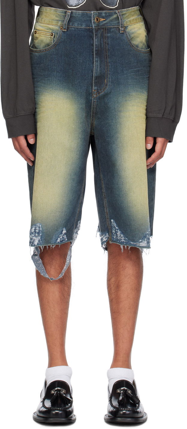 Kavbojke We11done Washed Denim Raw Edge Shorts Modra | WD-DP2-24-315-M-BL