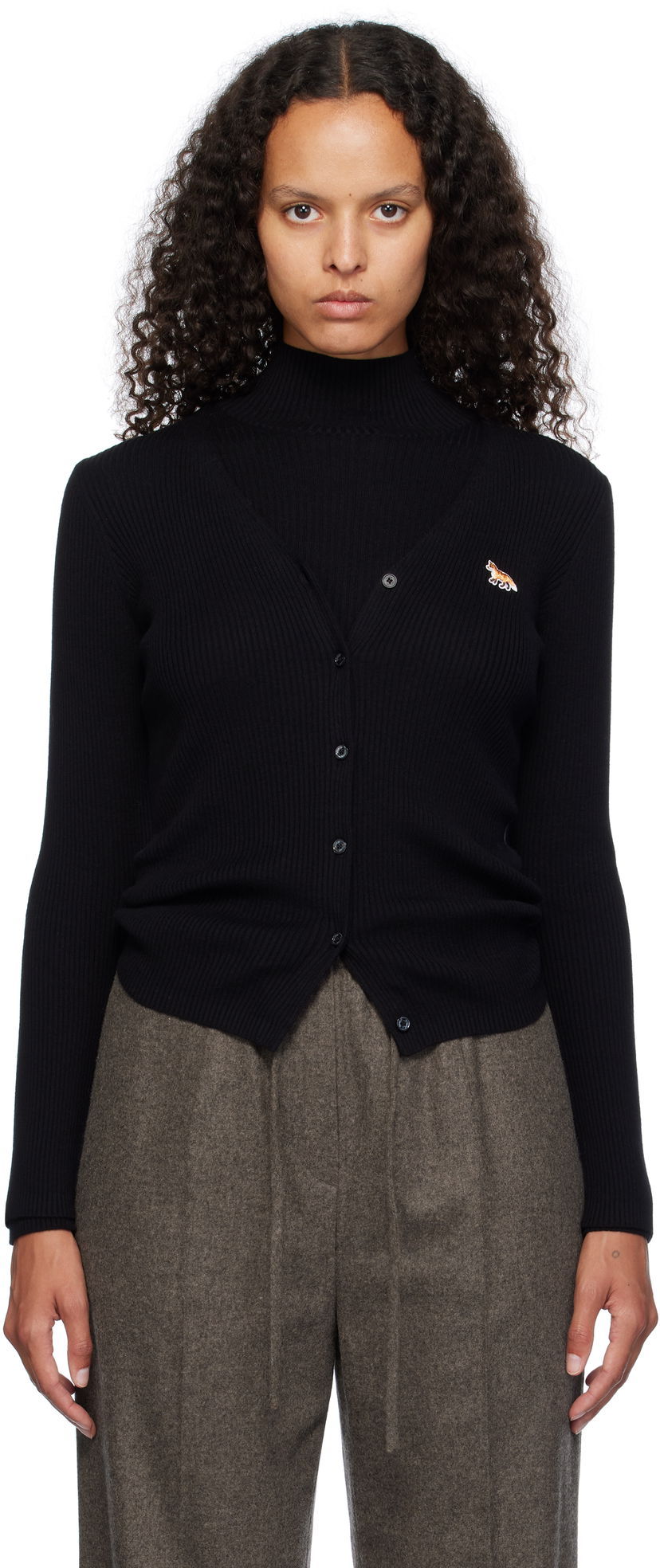 Pleteni pulover MAISON KITSUNÉ Fine Ribbed Cardigan With Patch Črna | NW00507KT1091