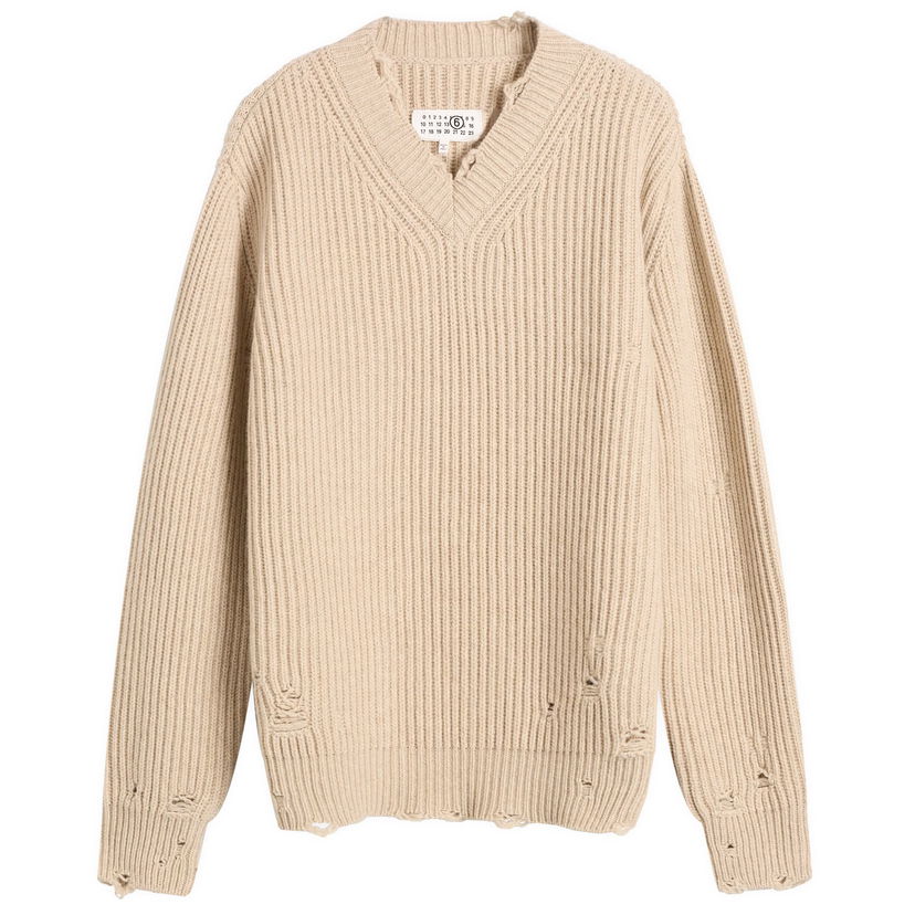 Pleteni pulover Maison Margiela MM6 Maison Margiela Distressed Knit Sweater, Size Large Bež | S52HN0011-M13138-806M