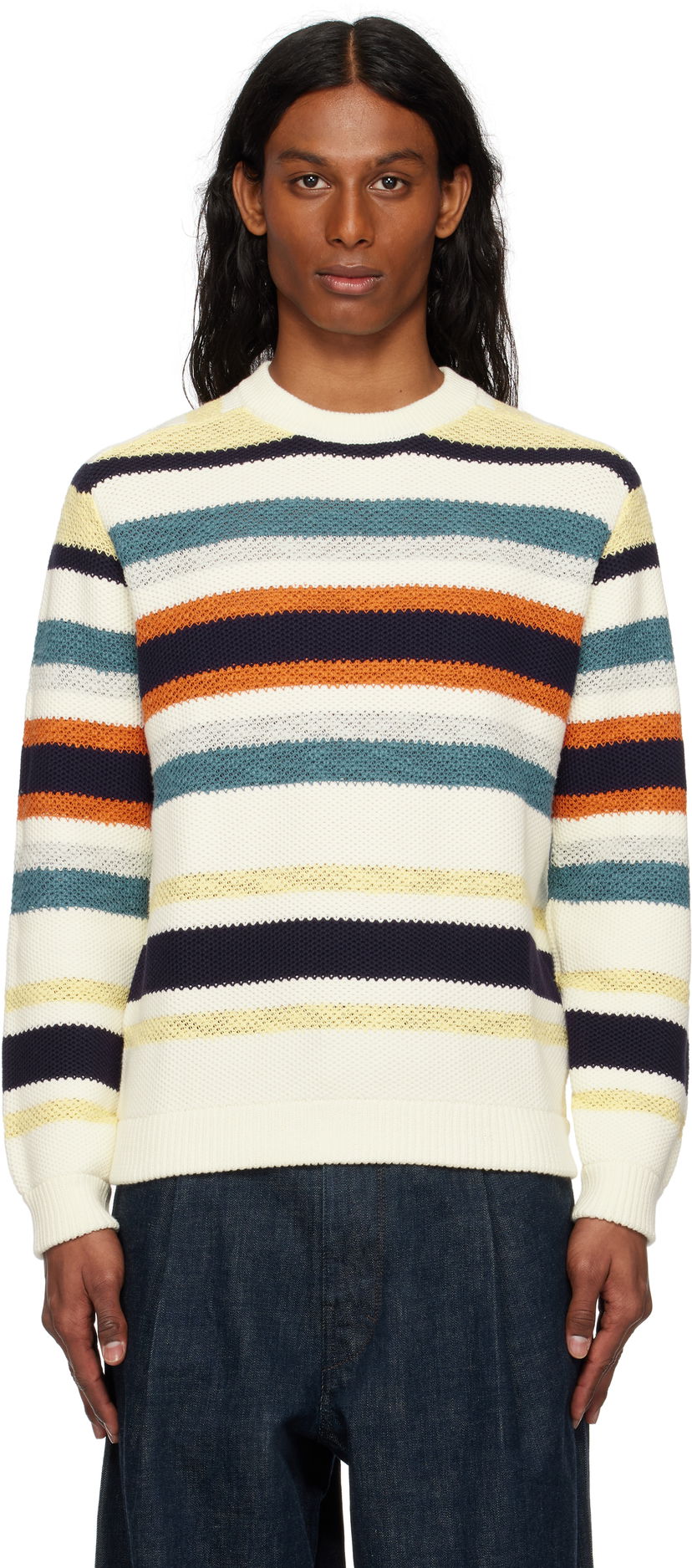 Pleteni pulover MAISON KITSUNÉ Maison Kitsuné Comfort Striped Sweater Bela | OM00807KT1129