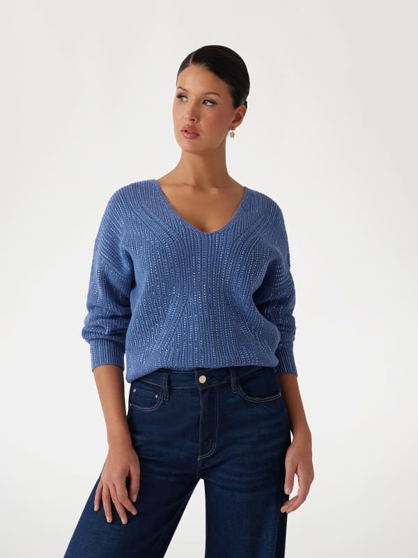 Pleteni pulover GUESS V-Neck Sweater with Rhinestone Details Modra | W5RR03Z3K70