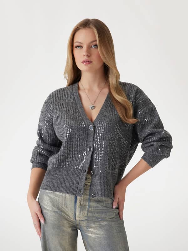 Pleteni pulover GUESS Sequined Wool Blend Cardigan Siva | W4BR44Z3J92