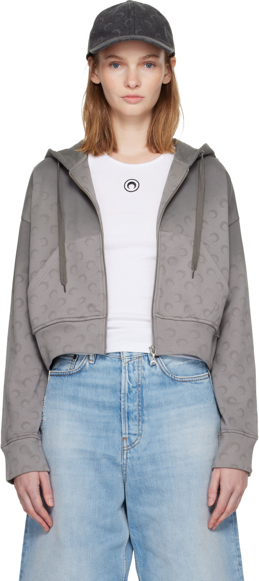 Pulover Marine Serre Marine Serre Faded Moon Fleece Cropped Zipped Hoodie Siva | WST019ACJER0073