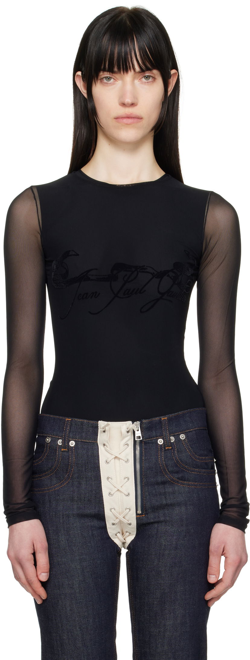 Bodi Jean Paul Gaultier Jean Paul Gaultier Flocked Tattoo Ruban Mesh Long Sleeve T-Shirt Črna | 25/34-F-TO281I-T005-00