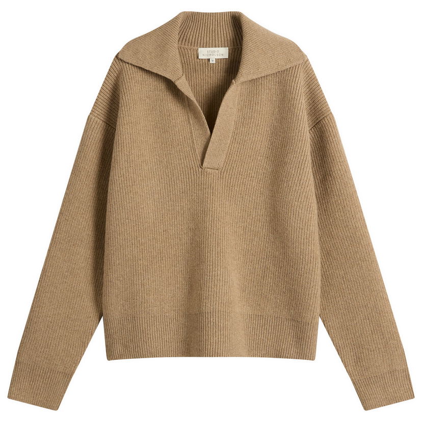 Pleteni pulover Studio Nicholson Studio Nicholson Rib Polo Collar Jumper, Size Large Bež | NASHSNM-1295-OAT