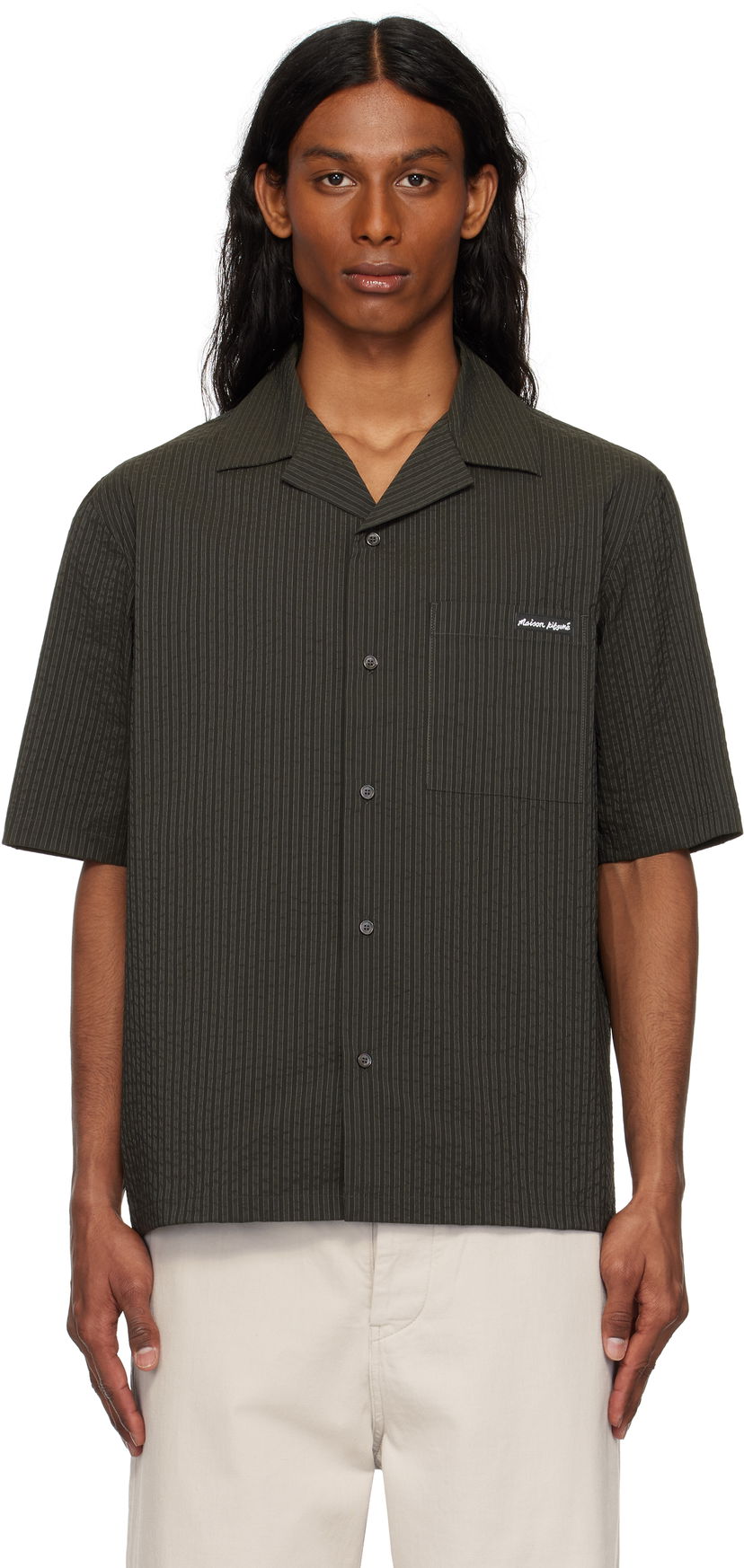 Srajce MAISON KITSUNÉ Maison Kitsuné Resort Pinstripe Shirt Zelena | OM00421WC5032
