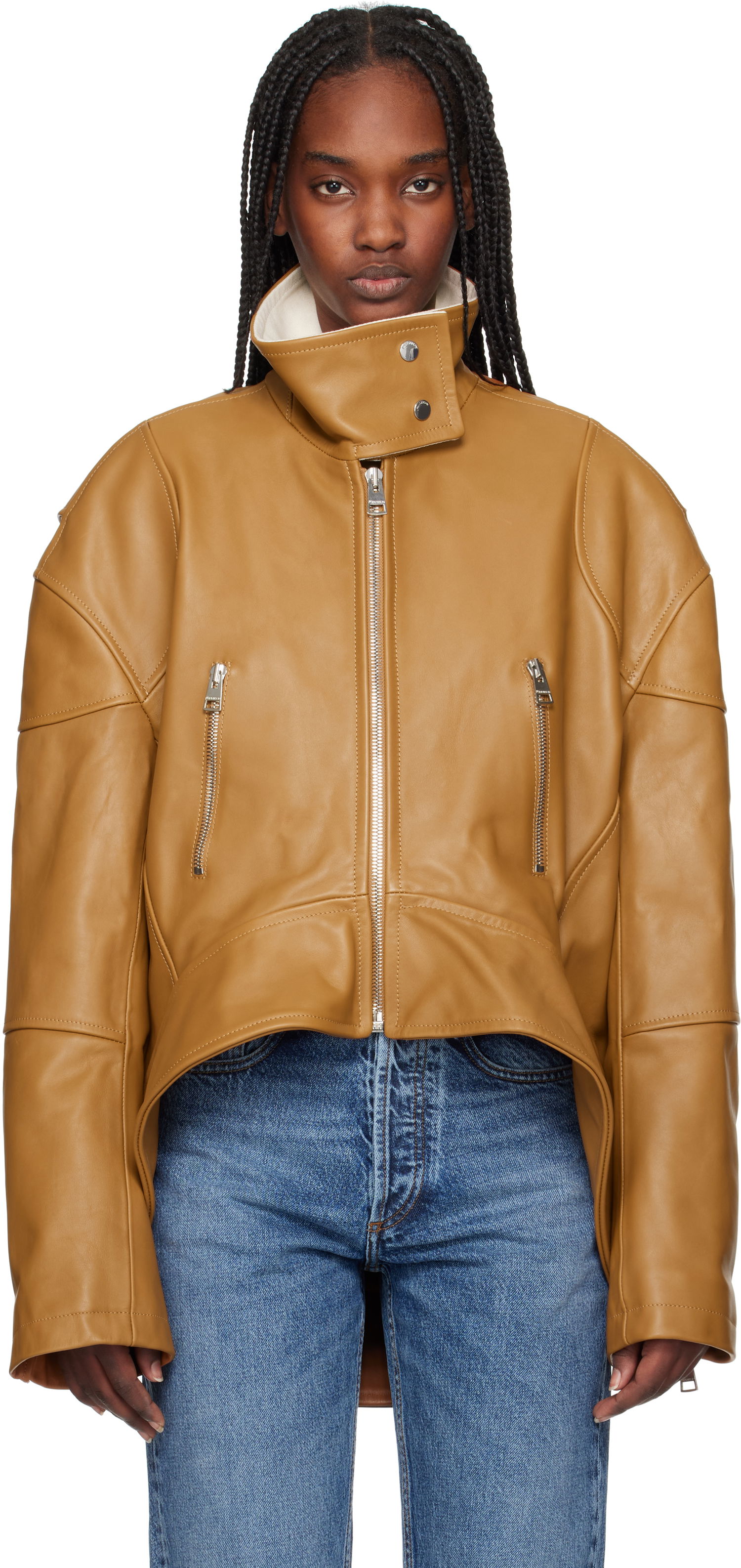 Jakna JW Anderson JW Anderson Curved Hem High Neck Leather Jacket Rjava | LJ0046-LT0117, 0