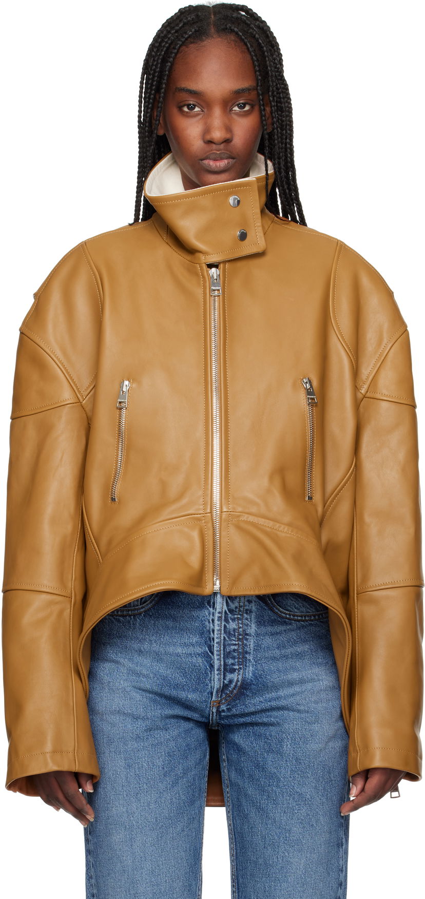 Jakna JW Anderson JW Anderson Curved Hem High Neck Leather Jacket Rjava | LJ0046-LT0117