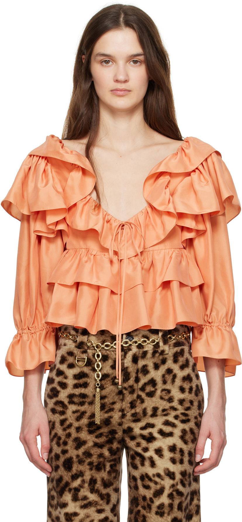 Srajce CHLOÉ Chloé Cropped Ruffle Blouse Oranžna | CH25SHT16314