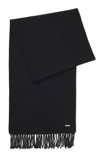 Šala BOSS Fringed wool scarf with logo rivet Črna | 50517216