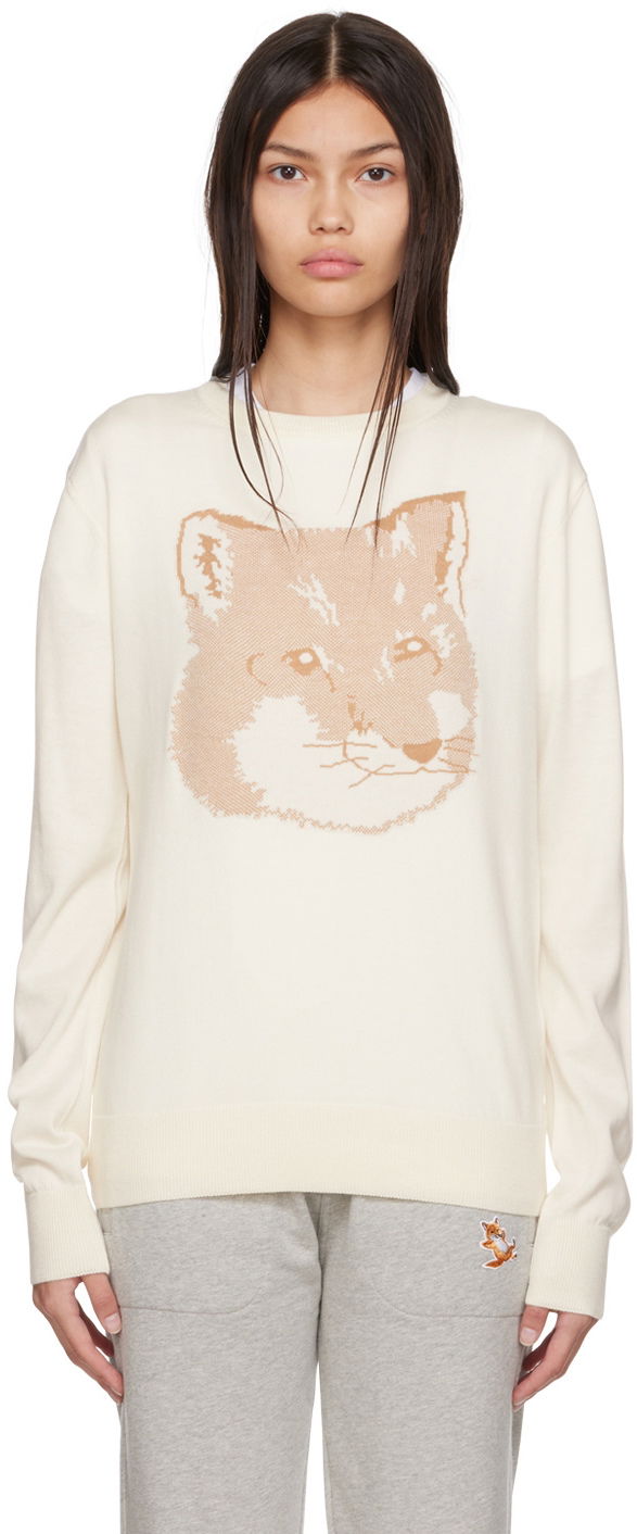 Pleteni pulover MAISON KITSUNÉ Maison Kitsuné Fox Head Knit Sweater Bela | IU00527KT1058