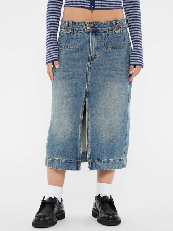 Krila GUESS Guess Originals Denim Midi Skirt with Front Slit Modra | W5RG35D4XY0