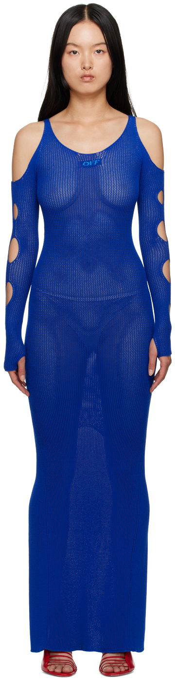 Obleke Off-White Blue Hole Net Maxi Dress Mornarica | OWHI087S23KNI0014540