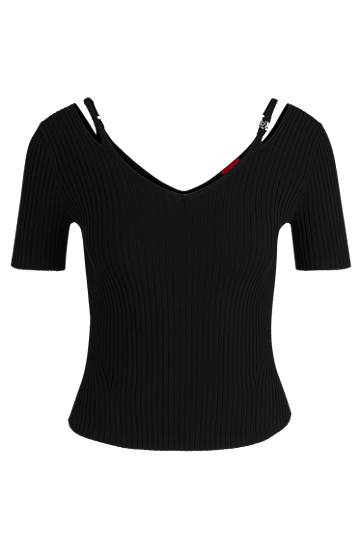Pleteni pulover BOSS Ribbed Knit Top with Cutout Shoulders Črna | 50538223