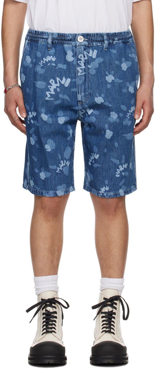 Kratke hlače Marni Printed Denim Shorts Modra | PUJU0070I0 USCW08