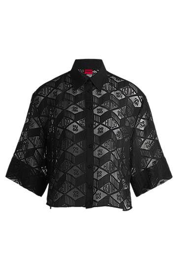 Srajce BOSS HUGO Regular-Fit Chiffon Blouse with All-Over Logo Print Črna | 50538733
