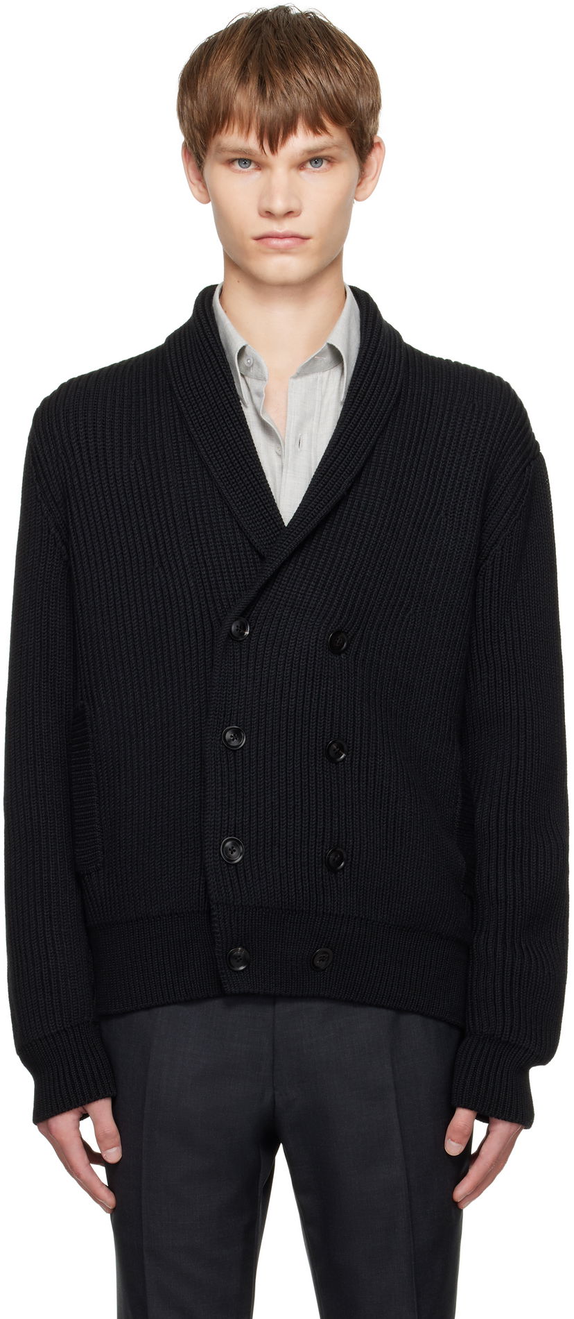 Pleteni pulover Tom Ford TOM FORD Wool Silk Shawl Collar Cardigan Črna | KLL012-YMW094